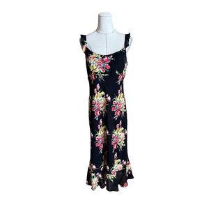 Vintage 90s Y2K Mica Floral Ruffle Rayon Dress Carrie Bradshaw Grunge Betsey